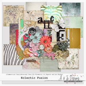 Eclectic Fusion, digitalt scrapbook-kit, skräpjournal-ephemera, udda papperspaket, blommiga clipart-element
