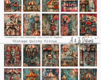 Vintage Quirky Circus, CU, PU, Printable, Papers, Ephemera, JPG, Junk Journal, Scrapbooking, Mixed Media, 11x8.5", Digital Downloadable Art