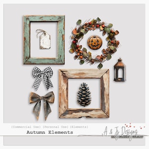 May include: A collection of autumn-themed digital elements, including a wreath with a jack-o'-lantern, a pine cone, a bow, a tag, and two rustic frames.  (Commercial Use) (Personal Use) (Elements) Autumn Elements A & J Designs