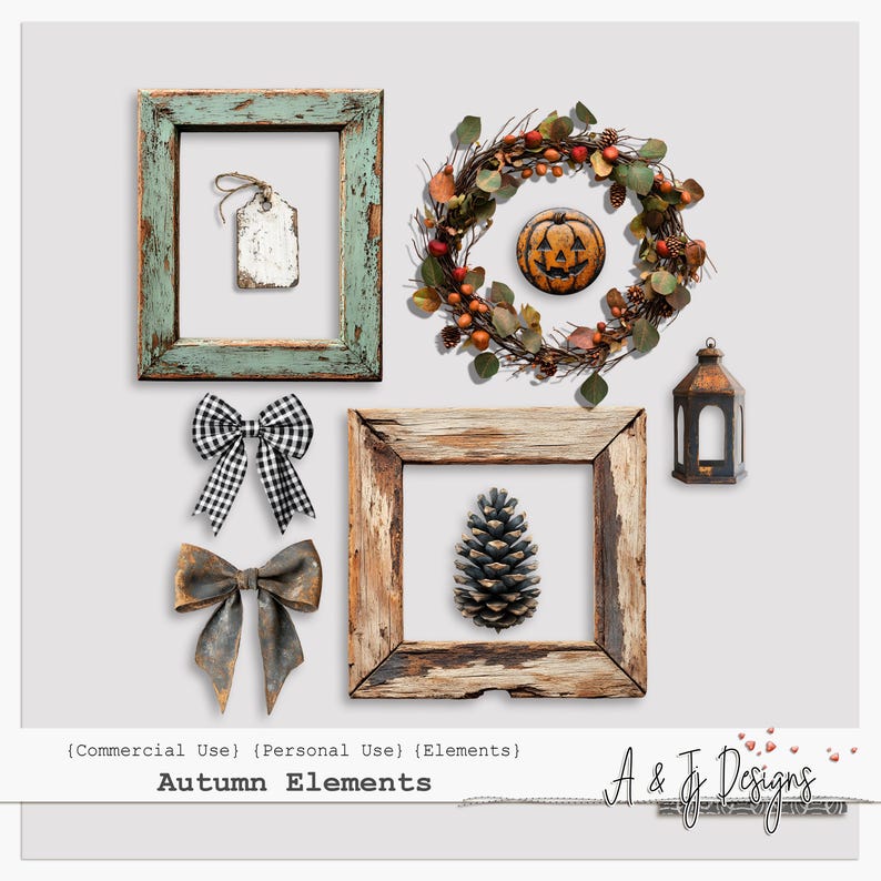 May include: A collection of autumn-themed digital elements, including a wreath with a jack-o'-lantern, a pine cone, a bow, a tag, and two rustic frames.  (Commercial Use) (Personal Use) (Elements) Autumn Elements A & J Designs
