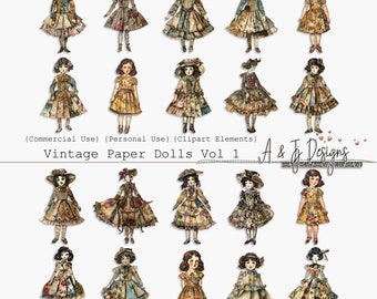 Bonecas de Papel Vintage Vol. 1, Uso Comercial, Imprimível, Diários de Junção, Scrapbooking, Artesanato em Papel, Arte Digital, Download Instantâneo