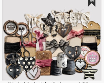 Curiosidades Cosidas N.º 1 / Materiales de Costura Vintage / Elementos para Diarios de Recortes y Álbumes de Recortes / Archivos PNG y JPG