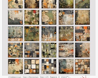 May include: A set of 25 digital papers with an abstract, textured design. The papers feature a palette of muted colours including orange, brown, and green, with a distressed, vintage aesthetic. Text on the image reads "Fall of Autumn".