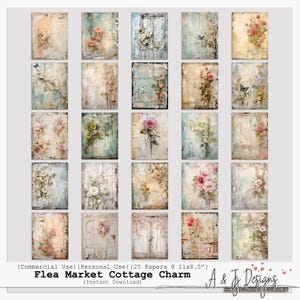 Encanto de cabaña de mercadillo, páginas de diario vintage, papel de scrapbooking grunge shabby chic, efímera de encaje desgastado, imprimible floral