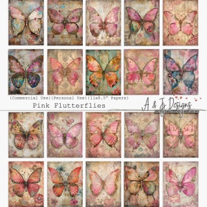 Papillons roses, CU, PU, imprimable, journal indésirable, scrapbooking, papiers, collage, 11 x 8,5 po. JPG, techniques mixtes, téléchargement numérique, fête des mères