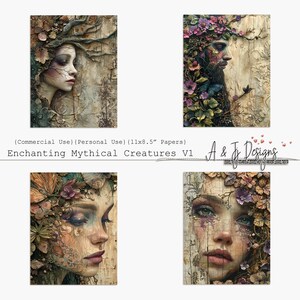 May include: Four digital art prints featuring mythical creatures with floral and foliage details. The prints are in a collage style with a rustic background. The text "Enchanting Mythical Creatures V1" and "A & J Designs" is visible in the image.