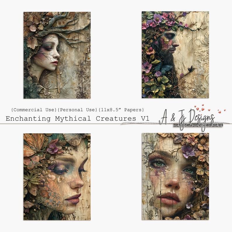 May include: Four digital art prints featuring mythical creatures with floral and foliage details. The prints are in a collage style with a rustic background. The text "Enchanting Mythical Creatures V1" and "A & J Designs" is visible in the image.