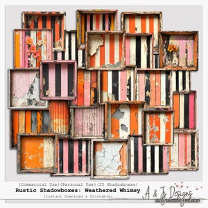 Rustika ShadowBoxes – Väderbiten nyckfullhet | Vintage randig ram Clipart | Utskrivbar Ephemera-uppsättning