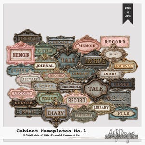 May include: A collection of 30 metal cabinet nameplates in various shapes and colors, including pink, blue, and gold. Each label features a different word, such as "Archive," "Record," and "Diary." The labels are 4 inches wide and suitable for personal and commercial use.