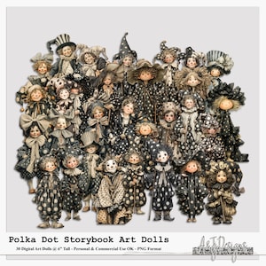 Puede incluir: Una colección de muñecas de arte de estilo vintage, cada una vestida con trajes de lunares blancos y negros. Las muñecas tienen varios sombreros y accesorios. La imagen incluye el texto "Polka Dot Storybook Art Dolls" e indica que las muñecas miden 15 cm de alto.