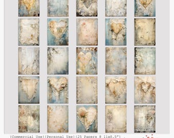 Coeurs en lambeaux | Paquet de papier numérique | 25 pages de journal indésirable 11 x 8,5 po. | papier de scrapbooking vintage minable grunge | téléchargement immédiat