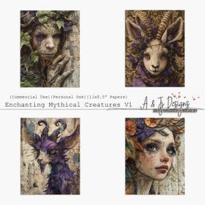 May include: Set of four digital papers featuring whimsical mythical creatures with intricate details. The papers feature a green and brown creature with vines, a white goat with purple flowers, a purple goat with horns, and a woman with purple flowers and a butterfly.
