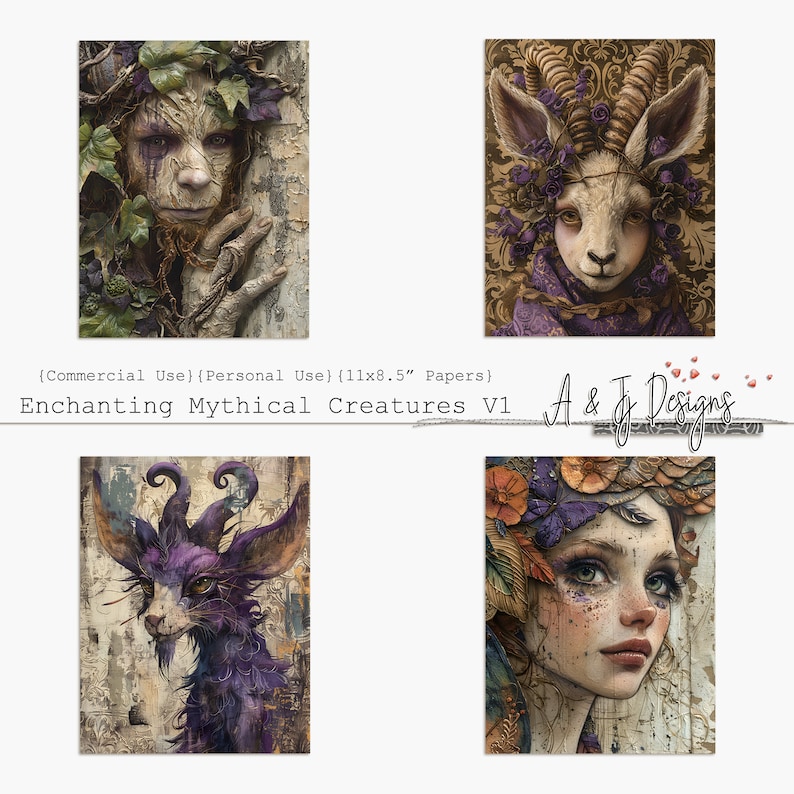 May include: Set of four digital papers featuring whimsical mythical creatures with intricate details. The papers feature a green and brown creature with vines, a white goat with purple flowers, a purple goat with horns, and a woman with purple flowers and a butterfly.
