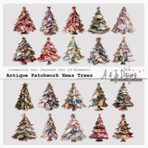 May include: Twenty digital images of antique patchwork Christmas trees in various colours and patterns. The trees are arranged in a grid pattern on a white background. The text "Antique Patchwork Xmas Trees" is at the bottom of the image.