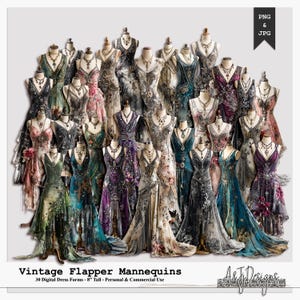 May include: A collection of 30 digital dress forms featuring vintage flapper-style gowns in various colors and intricate patterns. The image includes text stating Vintage Flapper Mannequins, 30 Digital Dress Forms - 8" Tall - Personal & Commercial Use, and PNG & JPG.