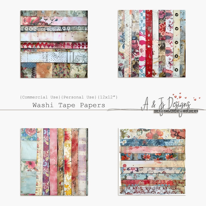 Może przedstawiać: Cztery arkusze wzorzystego papieru washi, każdy arkusz ma 30,5 cm na 30,5 cm. Papiery prezentują r&oacute;żnorodne wzory kwiatowe i vintage w odcieniach r&oacute;żowego, czerwonego, niebieskiego i ż&oacute;łtego. Tekst "Commercial Use) (Personal Use) (12x12')" i "Washi Tape Papers" jest wydrukowany w g&oacute;rnej części obrazu. Tekst "A & J Designs" jest wydrukowany w dolnej części obrazu.