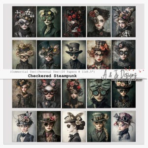 Steampunk a cuadros, 20 papeles con retratos, Junk Journal y Scrapbooking, Arte de fantasía, 11 x 8,5, Uso comercial