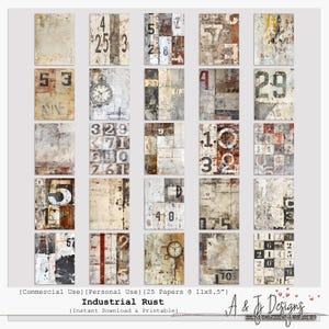 Puede incluir: Una colección de 25 papeles de temática industrial, cada uno con un diseño único que presenta números, texturas y elementos desgastados. Los papeles miden 27,94 cm x 21,59 cm, perfectos para diversos proyectos creativos. La paleta de colores incluye tonos de blanco, gris, marrón y rojo.