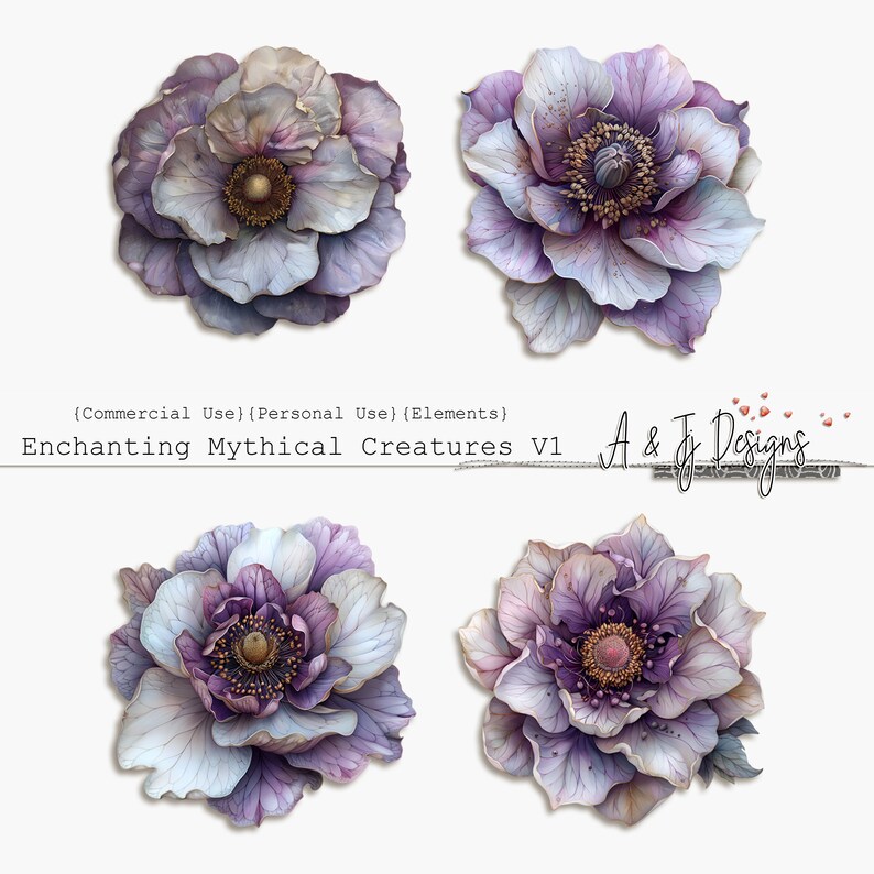 May include: Four digital illustrations of purple and white flowers with intricate details. The flowers have a delicate, almost ethereal quality. The flowers are perfect for use in digital scrapbooking, card making, and other creative projects.