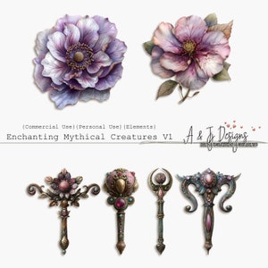 May include: Four ornate, decorative wands with pink and purple gemstones, gold accents, and intricate details. The wands are set against a white background. (Commercial Use) (Personal Use) (Elements) Enchanting Mythical Creatures V1 A & Jr Designs