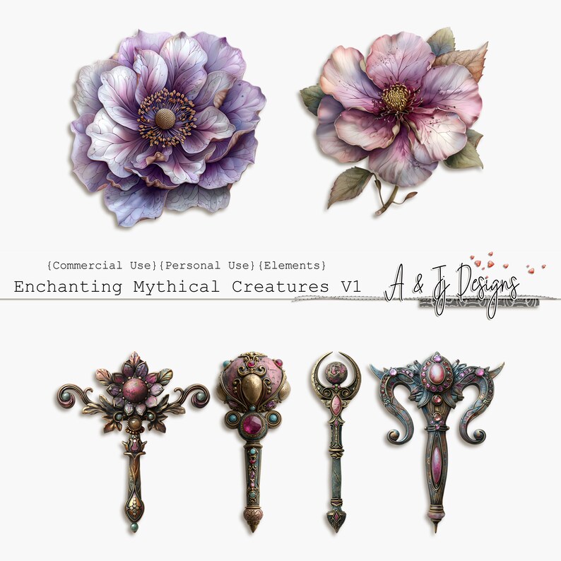 May include: Four ornate, decorative wands with pink and purple gemstones, gold accents, and intricate details. The wands are set against a white background. (Commercial Use) (Personal Use) (Elements) Enchanting Mythical Creatures V1 A & Jr Designs