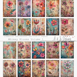 Whimsy Blooms Vol 1, PU, PU, bedruckbar, Papiere, JPG, Junk Journals, Scrapbooking, Mixed Media, 11x8,5 "Digitalkunst, digitaler Download."