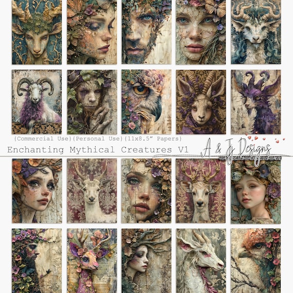 Enchanting Mythical Creatures Vol 1, JPG, Junk Journal, Scrapbooking, 11x8.5"