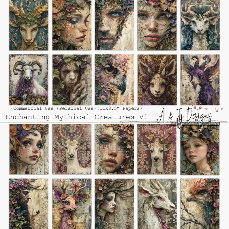 May include: A set of 16 digital papers featuring whimsical illustrations of mythical creatures, including deer, owls, and goats. The papers are in a vintage style with floral and foliage accents. The papers are perfect for scrapbooking, card making, and other paper crafts.