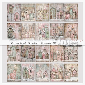 Whimsical Winter Houses Vol 2, Użytek komercyjny, Do druku, 11x8,5", Dzienniki śmieci, Scrapbooking, Rękodzieło papierowe, Sztuka cyfrowa,
