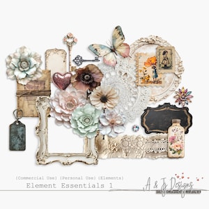 Puede incluir: Una colección de elementos de scrapbooking digital de inspiración vintage, que incluyen flores, llaves, marcos, una mariposa, una botella, un encaje de encaje y un letrero. Los elementos están en tonos de blanco, crema, rosa y marrón.