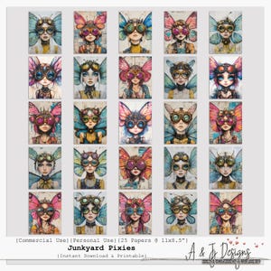 May include: A collection of 25 printable art prints featuring steampunk-style pixies with butterfly wings and goggles. The artwork showcases a variety of colors, including pink, blue, and yellow. The text "Junkyard Pixies" is visible.