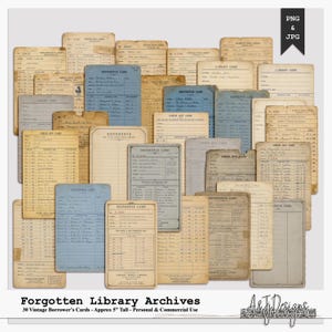 Pode incluir: Uma coleção de cartões de biblioteca vintage em tons de bege e azul. Os cartões, com cerca de 12,7 cm de altura, apresentam notas manuscritas e estão dispostos em uma colagem. O texto "Forgotten Library Archives" é visível.