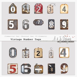 Etiquetas de números vintage, 2 juegos de números del 0 al 9, diarios basura, scrapbooking, uso comercial, elementos, archivos PNG transparentes