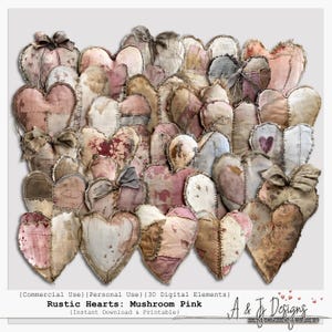 Può includere: Una collezione di cuori rustici in tessuto in varie tonalità di rosa, beige e crema. Alcuni cuori presentano fiocchi decorativi e dettagli cuciti. Il testo "Rustic Hearts: Mushroom Pink" è visibile.