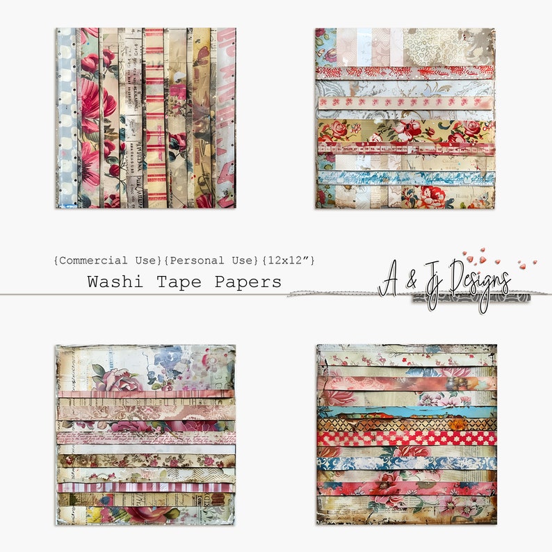 Może przedstawiać: Cztery cyfrowe wzory papieru z kolażem kolorowych pask&oacute;w taśmy washi z kwiatowymi wzorami. Papiery mają rozmiar 30,5 cm x 30,5 cm i są przeznaczone do użytku komercyjnego i osobistego.