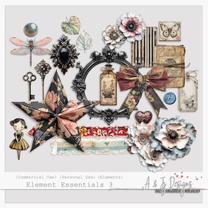 Puede incluir: Una colección de elementos digitales de scrapbooking con una variedad de diseños vintage y caprichosos, que incluyen una estrella, flores, llaves, una botella, una libélula, un marco y un lazo. Los elementos están en tonos de negro, blanco, rojo, azul y verde.