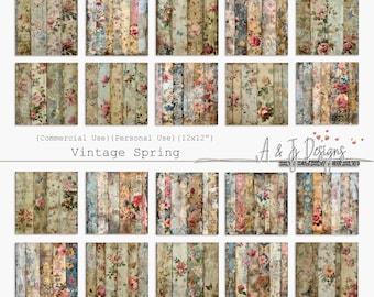 May include: A digital collage sheet with 18 vintage floral patterns on a wood background. The patterns feature pink, red, and white flowers with green leaves. The sheet is 12 inches by 12 inches.