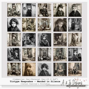 Tintype Keepsakes – Mended in Silence | 25 Vintage Child Portraits | 8x8” Printable | Junk Journals & Scrapbooking | Commercial Use OK