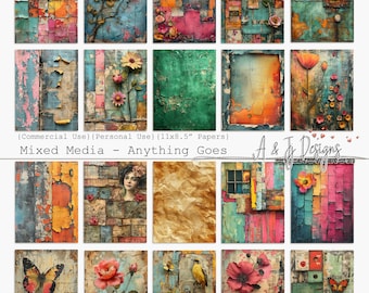 Mixed Media - Anything Goes, CU, Papers, Printable, JPG, Junk Journals, Scrapbooking, Mixed Media, 11x8.5", Digital Downloadable Art