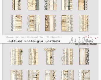 Ruffled Nostalgia Borders, Vintage Lace & Ledger Digital Paper Edges, Junk Journal Images, Commercial Use, Scrapbooking, Transparent Files