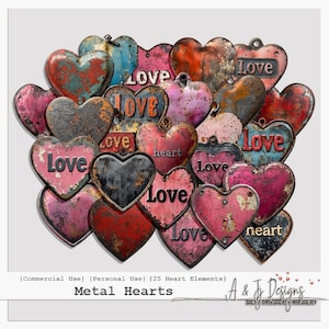 May include: A collection of 25 rusty metal hearts in various shades of red, pink, and blue. The hearts are decorated with the word "Love" and the word "heart".