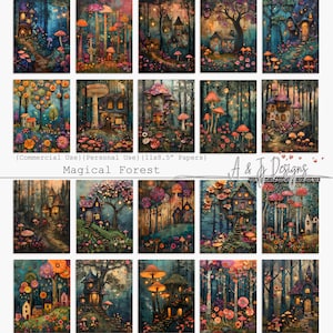 Bosque Mágico, CU, PU, Imprimible, Papeles, Efímera, JPG, Diario de Basura, Scrapbooking, Técnica Mixta, 11x8.5", Arte Digital Descargable