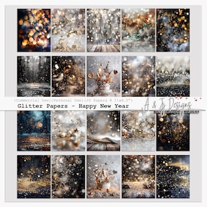 Glitter Papers - Feliz Ano Novo, 20 papéis digitais, Sparkle Scrapbook, Glitter Junk Journal, fundos temáticos de Ano Novo, 11x8,5"