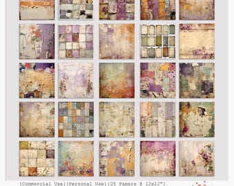 May include: A set of 25 digital papers with a rustic autumn theme. The papers showcase distressed textures, peeling paint, and floral accents in shades of purple, orange, and beige. Each paper measures 30.48cm x 30.48cm.