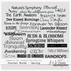 Journal mots - printemps, Word Art, clipart de journal indésirable, phrases de scrapbooking, typographie numérique PNG