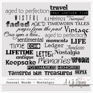 Mots de journal - nostalgique, art des mots vintage, clipart de journal indésirable, phrases de scrapbooking, typographie numérique PNG