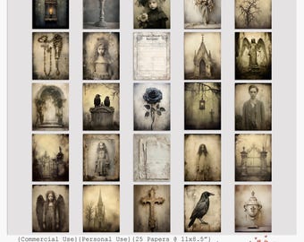May include: A collection of 25 printable papers with a vintage, gothic theme. The images feature illustrations of angels, crows, tombstones, and other graveyard elements. The text "Graveyard Secrets" is visible at the bottom of the image.