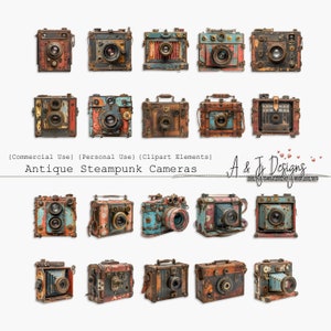 Puede incluir: Un conjunto de 18 imágenes de clipart de cámara steampunk vintage. Las cámaras son de varios colores, incluidos el azul, el rojo y el marrón, y tienen un aspecto desgastado y oxidado. Son perfectas para agregar un toque vintage a tus diseños digitales.