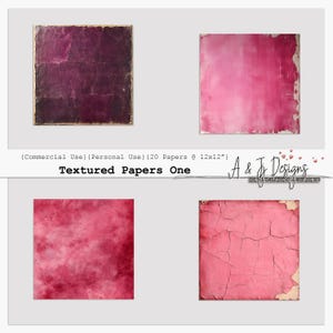 May include: A collection of four textured papers in shades of red and purple. The papers have distressed edges and a vintage aesthetic. The text "Textured Papers One" is visible, along with the designer's name.