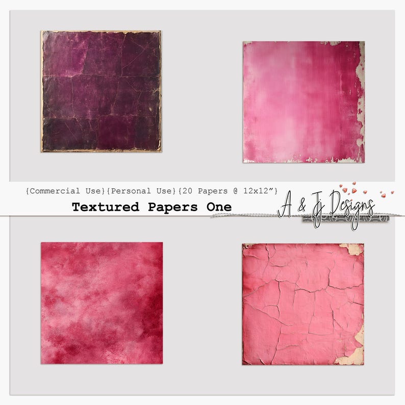 May include: A collection of four textured papers in shades of red and purple. The papers have distressed edges and a vintage aesthetic. The text "Textured Papers One" is visible, along with the designer's name.